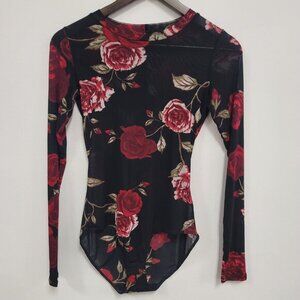 Material‎ Girl Womens Dark Floral Fairy Grunge Mesh Bodysuit Size S Whimsigoth